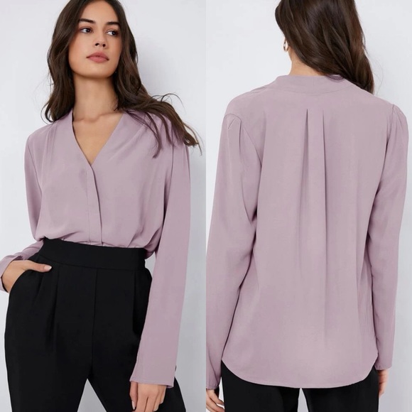 Long sleeve v neck pleated faux wrap look business casual blouse dark green - Picture 9 of 9